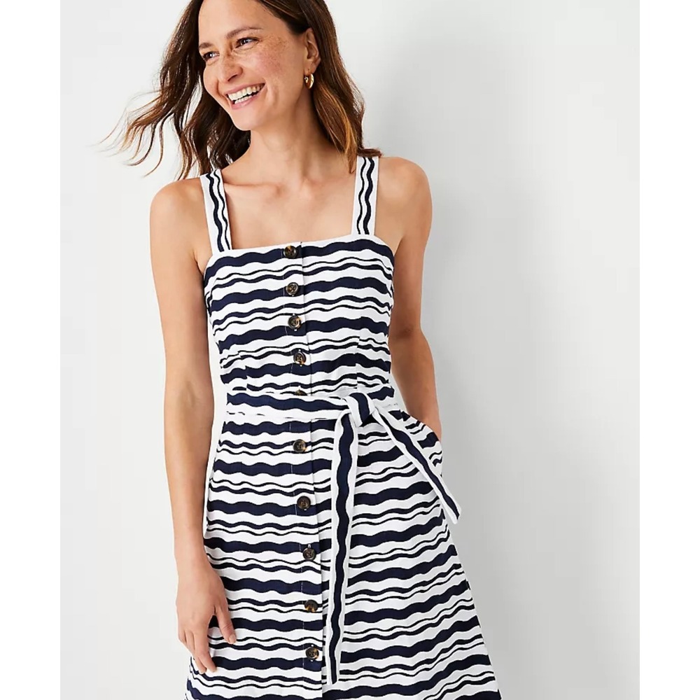 NWT Ann Taylor Wavy‎ Strap Flare Button-Front Midi Dress Casual Summer Size MP